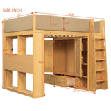 Full Solid Wood Loft Bed Frame with Built-in Wardrobe, PU Leather Guardrails, LED Lights & Storage Drawers