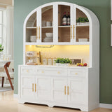 75.8" Tall Arched Kitchen Pantry Cabinet with LED Lights & Charging Station, Farmhouse Sideboard Storage Hutch w/ Wine Rack