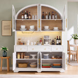 75.8" Tall Arched Kitchen Pantry Cabinet with LED Lights & Charging Station, Farmhouse Sideboard Storage Hutch w/ Wine Rack
