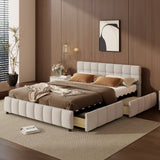 Linen Upholstered Platform Bed Frame with Block Grid Tufted Headboard & 4 Drawers for Bedroom