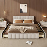 Linen Upholstered Platform Bed Frame with Block Grid Tufted Headboard & 4 Drawers for Bedroom