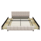 Linen Upholstered Platform Bed Frame with Block Grid Tufted Headboard & 4 Drawers for Bedroom