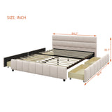 Linen Upholstered Platform Bed Frame with Block Grid Tufted Headboard & 4 Drawers for Bedroom