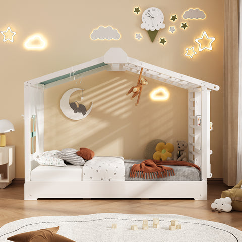 Twin Size House Bed Frame with Twin Size Trundle, Adjustable Roll-up Curtains & Side Shelves for Kids/Teens