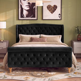 Velvet Upholstered Bed Frame with Curved Headboard, Button Tufted Sleigh Platform Bed for Teens/Adults