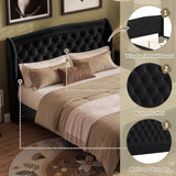 Velvet Upholstered Bed Frame with Curved Headboard, Button Tufted Sleigh Platform Bed for Teens/Adults