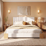 Upholstered Platform Bed Frame with Wood Trim, King Size Low‑Profile Bed with Slat Support