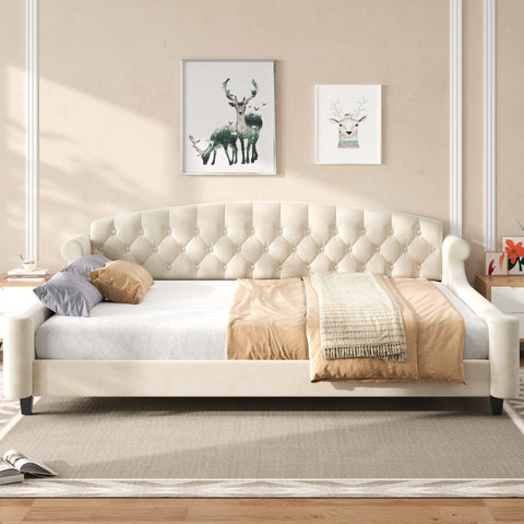 Queen Size Tufted Button Daybed, Velvet Wingback Sofa Bed Frame with Wooden Slats