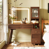 45.9"W Makeup Vanity Desk with Lighted Mirror, Dressing Table with Power Outlet & Fluted Glass Cabinet