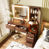 45.9"W Makeup Vanity Desk with Lighted Mirror, Dressing Table with Power Outlet & Fluted Glass Cabinet
