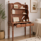 Vintage Wood Writing Desk with Hutch, Mid-Century Vanity Dressing Table Computer Desk with 2 Drawers & Shelves