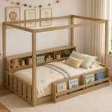 Twin Size Montessori Floor Bed Frame with Fence, Wooden House Canopy Bed with Built-In Bookshelf & Storage