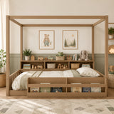 Twin Size Montessori Floor Bed Frame with Fence, Wooden House Canopy Bed with Built-In Bookshelf & Storage