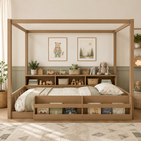 Twin Size Montessori Floor Bed Frame with Fence, Wooden House Canopy Bed with Built-In Bookshelf & Storage