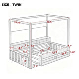 Twin Size Montessori Floor Bed Frame with Fence, Wooden House Canopy Bed with Built-In Bookshelf & Storage