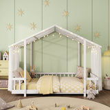 House Bed Frame with Sheer Canopy & String Lights, Twin Wooden Platform Bed with Guardrails