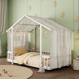 House Bed Frame with Sheer Canopy & String Lights, Twin Wooden Platform Bed with Guardrails