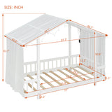 House Bed Frame with Sheer Canopy & String Lights, Twin Wooden Platform Bed with Guardrails