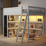 Full Size Wood Loft Bed Kids Wooden Loft Bed Frame with LED Lights, Chalkboard & Book Shelves