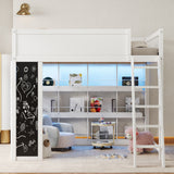 Full Size Wood Loft Bed Kids Wooden Loft Bed Frame with LED Lights, Chalkboard & Book Shelves
