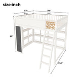 Full Size Wood Loft Bed Kids Wooden Loft Bed Frame with LED Lights, Chalkboard & Book Shelves