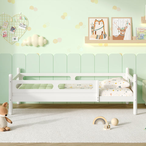 Twin Size Kids Wood Platform Bed Frame with Safety Guardrails, Low Profile Design, No Box Spring Needed