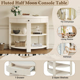 Fluted Half Moon Console Table, Sofa Table with Drawer & 2 Shelves for Entryway, Living Room, Hallway