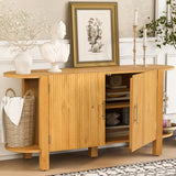 Fluted Sideboard Pine Wood Buffet Storage Cabinet Sofa Table, Mid-Century Modern Style with Curved Extension Shelves