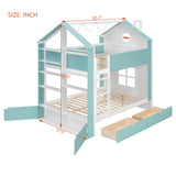 Full over Full Bunk Bed with Storage Drawers, Shelves & LED Light, Two-Tone Wood Bunk Bed Frame with Safety Guardrails