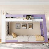Twin Over Twin XL Bunk Bed Loft Bed with Storage Shelves & Guardrail Storage Basket for Kids&Teens, White+Light Purple
