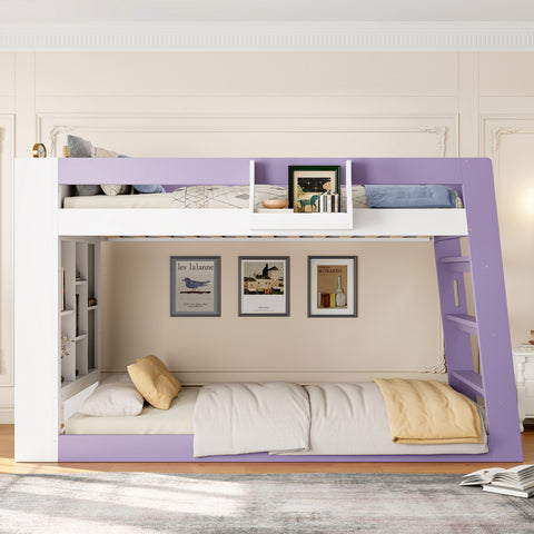 Twin Over Twin XL Bunk Bed Loft Bed with Storage Shelves & Guardrail Storage Basket for Kids&Teens, White+Light Purple