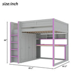 Full Size Loft Bed with Wardrobe with Hanging Rod, USB, Desk, Storage Shelves & Under-Desk LED Light, Dark Grey+Purple