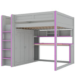 Full Size Loft Bed with Wardrobe with Hanging Rod, USB, Desk, Storage Shelves & Under-Desk LED Light, Dark Grey+Purple