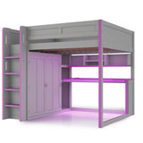 Full Size Loft Bed with Wardrobe with Hanging Rod, USB, Desk, Storage Shelves & Under-Desk LED Light, Dark Grey+Purple