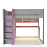 Full Size Loft Bed with Wardrobe with Hanging Rod, USB, Desk, Storage Shelves & Under-Desk LED Light, Dark Grey+Purple