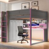 Full Size Loft Bed with Wardrobe with Hanging Rod, USB, Desk, Storage Shelves & Under-Desk LED Light, Dark Grey+Purple