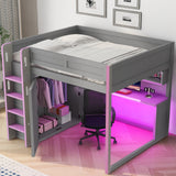 Full Size Loft Bed with Wardrobe with Hanging Rod, USB, Desk, Storage Shelves & Under-Desk LED Light, Dark Grey+Purple