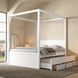 Queen Size Wooden Canopy Platform Bed, 4-Post Bed Frame with Pull-Out Twin Trundle & 3 Storage Drawers