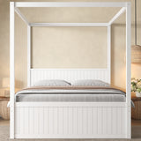Queen Size Wooden Canopy Platform Bed, 4-Post Bed Frame with Pull-Out Twin Trundle & 3 Storage Drawers