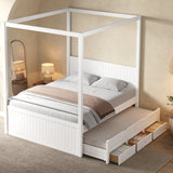 Queen Size Wooden Canopy Platform Bed, 4-Post Bed Frame with Pull-Out Twin Trundle & 3 Storage Drawers
