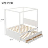 Queen Size Wooden Canopy Platform Bed, 4-Post Bed Frame with Pull-Out Twin Trundle & 3 Storage Drawers