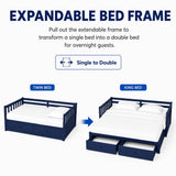 Twin to King Extendable Daybed Convertible Sleeper Sofa Bed Platform Bed Frame with Pull-Out Trundle & Drawers, Blue