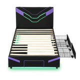 Twin Size Gaming Bed Frame with LED Lights, PU Leather Upholstered Platform Bed with 2 Drawers & Side Shelf for Teens