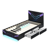 Twin Size Gaming Bed Frame with LED Lights, PU Leather Upholstered Platform Bed with 2 Drawers & Side Shelf for Teens