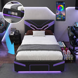 Twin Size Gaming Bed Frame with LED Lights, PU Leather Upholstered Platform Bed with 2 Drawers & Side Shelf for Teens