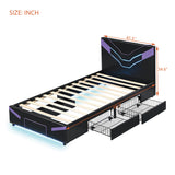 Twin Size Gaming Bed Frame with LED Lights, PU Leather Upholstered Platform Bed with 2 Drawers & Side Shelf for Teens