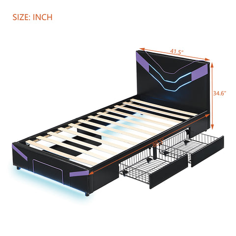Twin Size Gaming Bed Frame with LED Lights, PU Leather Upholstered Platform Bed with 2 Drawers & Side Shelf for Teens