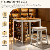 3PCS Bar Table Set Counter Height Dining Set with 2 Padded Bar Stools, Power Outlet&Drawers, Kitchen Breakfast Nook Dinette, Natural