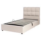 Twin Size Upholstered Platform Bed Frame with Padded Headboard & Under-bed Storage, Beige