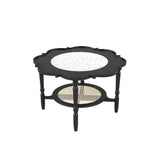 Petal Coffee Table Round Mid-Century Modern Center Table Boho Sofa Side Table with White Crackle Pattern Glass Top, Black